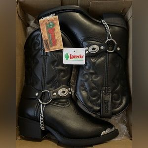 {LAREDO} Western Cowboy Boots Child Sz 10.5 Black w/ Harness Strap style LC2200